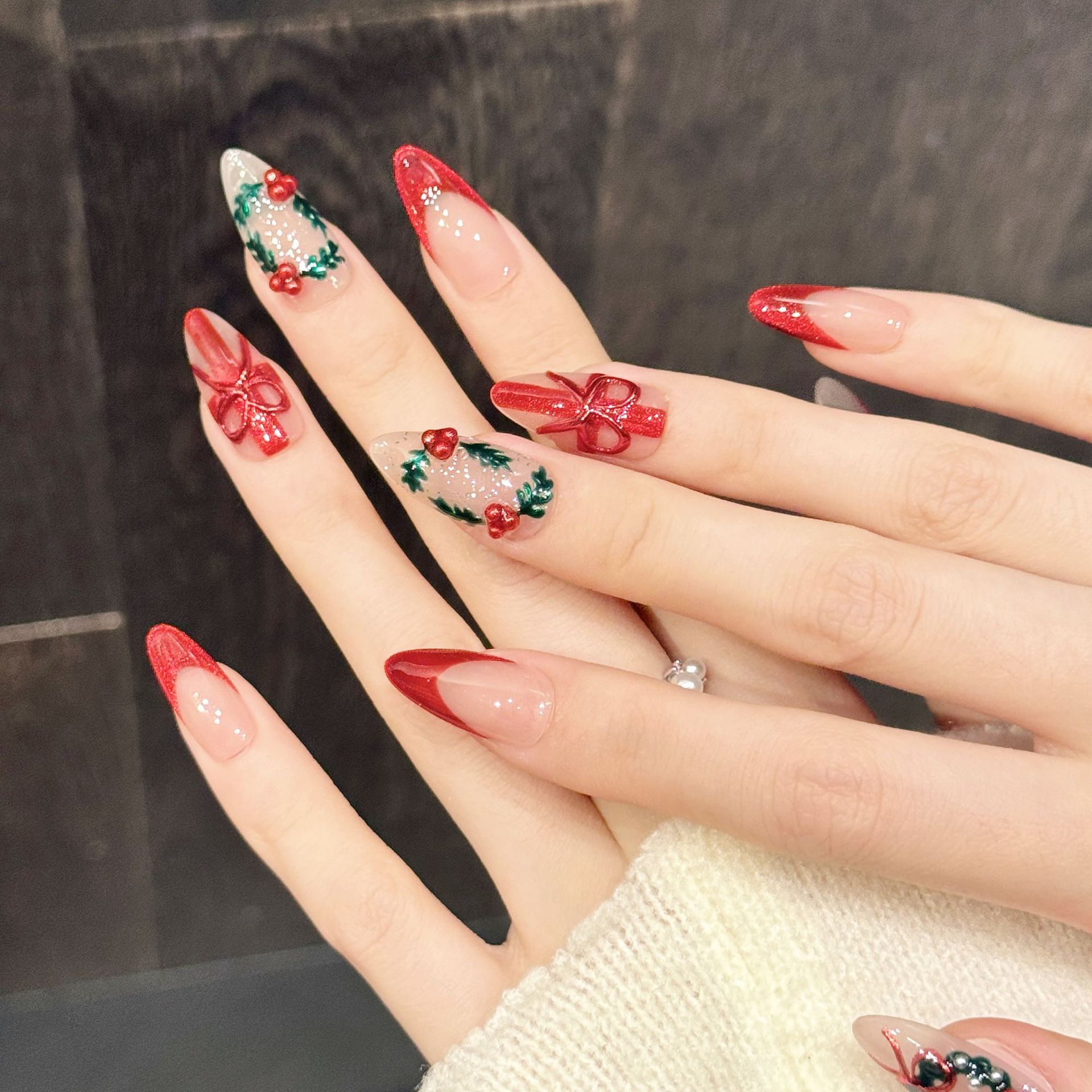 Nail Art Press On - 10 Adet Noel Kırmızı Nude Orta