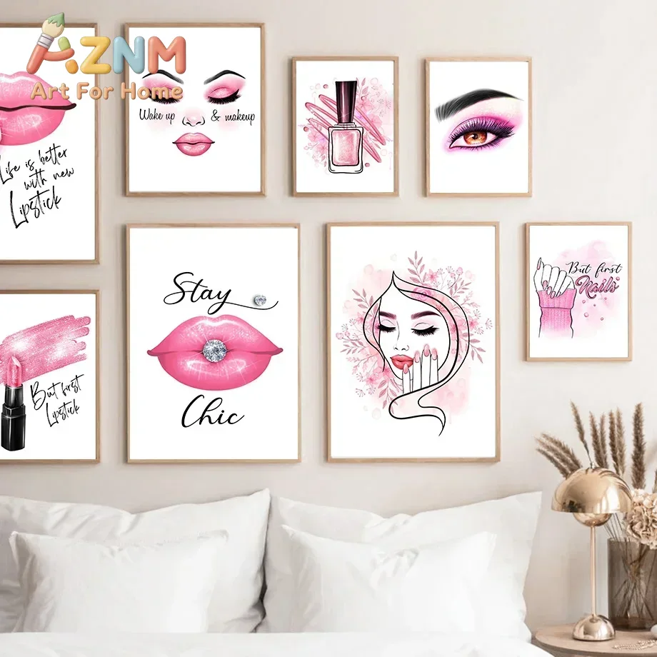 Nail Art Pink - AZNM Çerçevesiz Kanvas Duvar Sanatı, Pembe